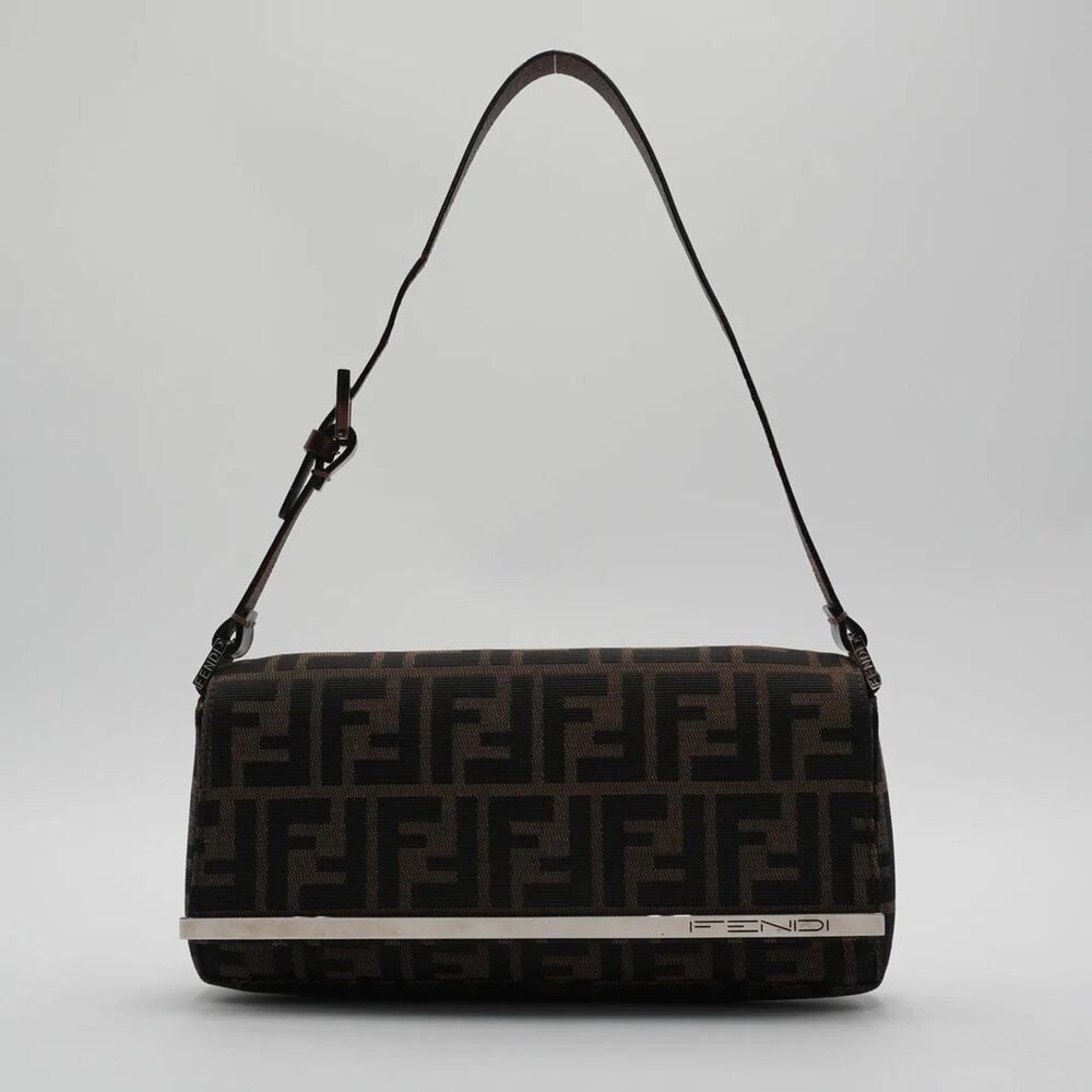 Authenticated Vintage Fendi Canvas Zucca Metal Trim Shoulder Bag